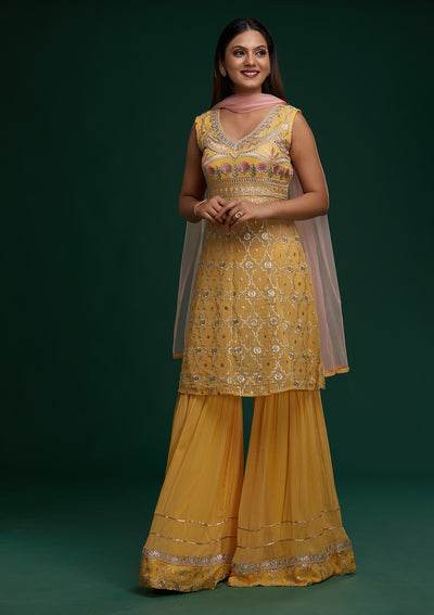 Yellow Zariwork Georgette Designer Salwar Suit- Koskii