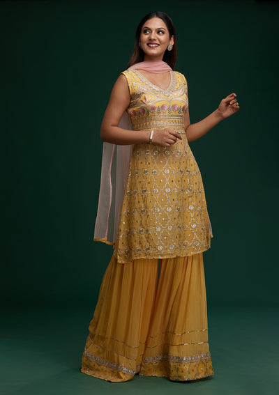 Yellow Zariwork Georgette Designer Salwar Suit - Koskii