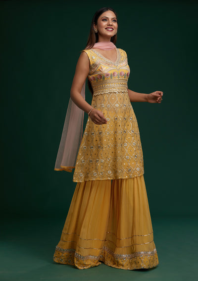 Yellow Zariwork Georgette Designer Salwar Suit - Koskii
