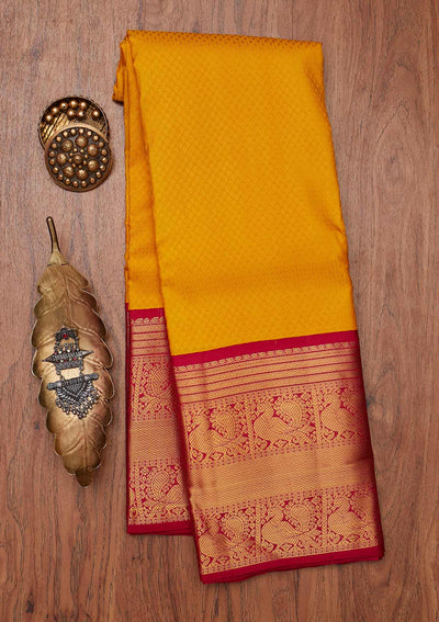 Yellow Zariwork Pure Silk Designer Unstitched Saree - Koskii