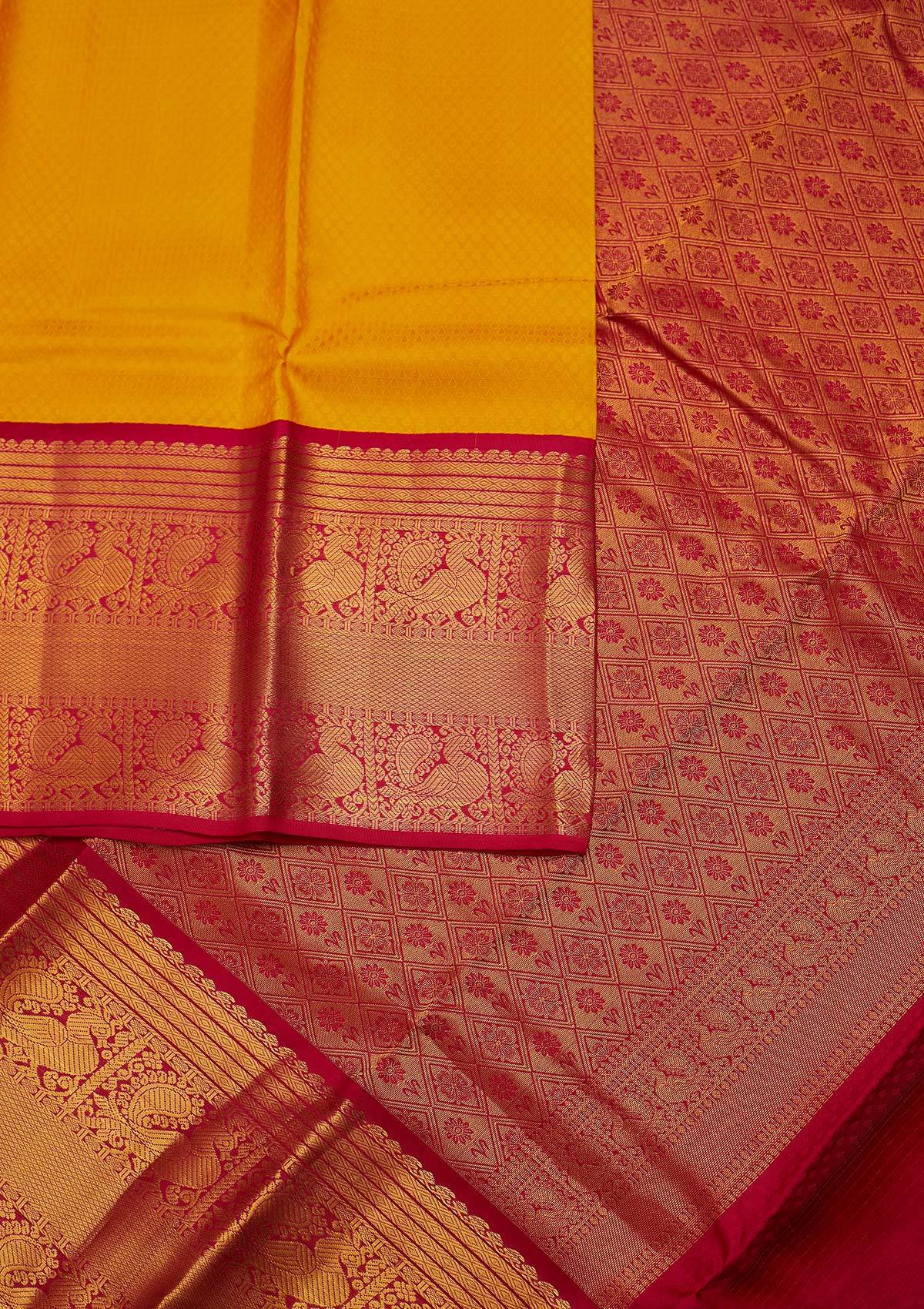 Yellow Zariwork Pure Silk Designer Unstitched Saree - Koskii