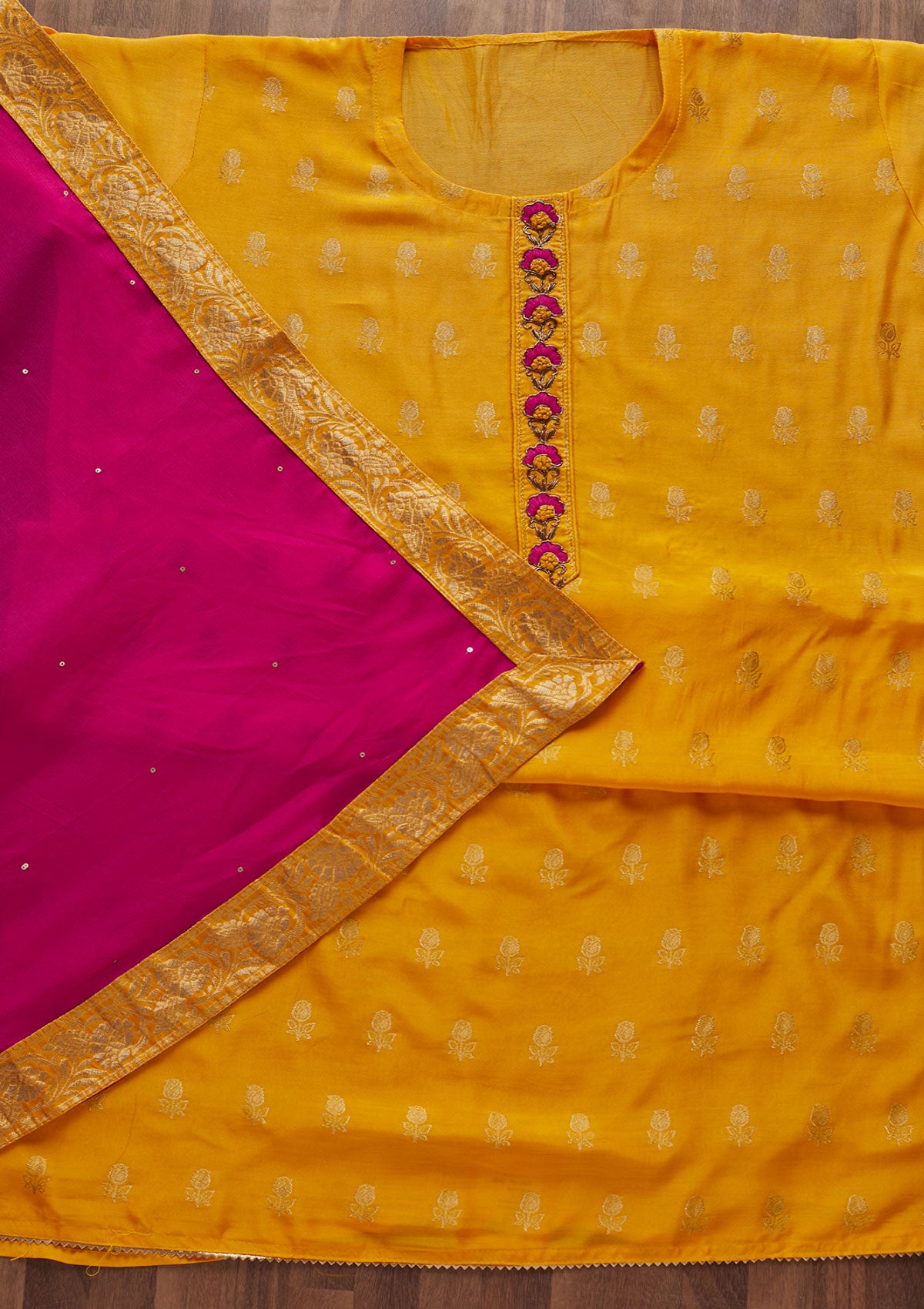 Yellow Zariwork Raw Silk Designer Semi-Stitched Salwar Suit - Koskii