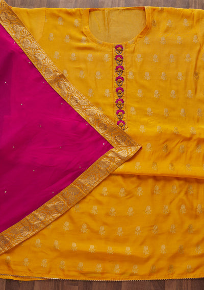 Yellow Zariwork Raw Silk Designer Semi-Stitched Salwar Suit - Koskii