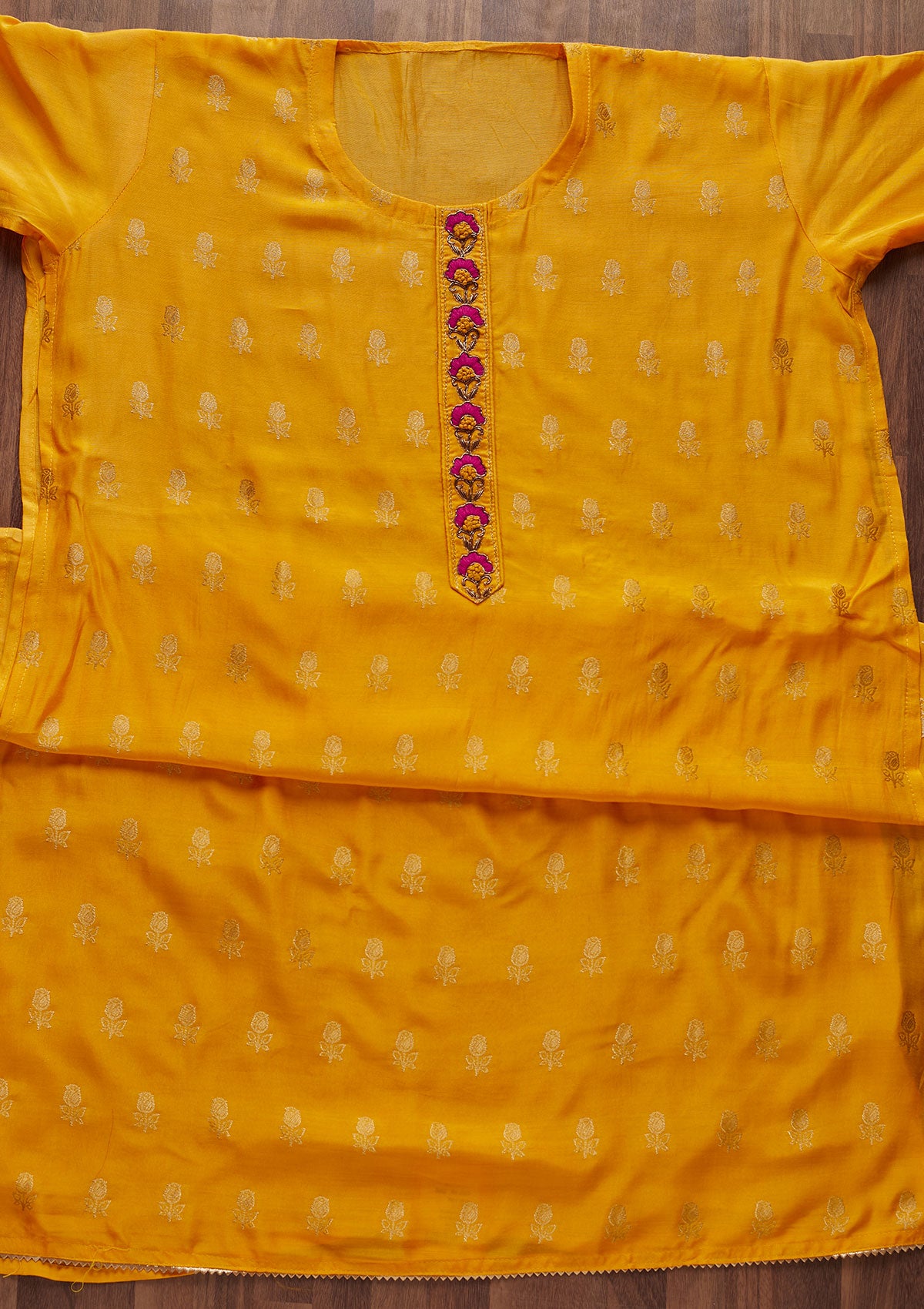 Yellow Zariwork Raw Silk Designer Semi-Stitched Salwar Suit - Koskii