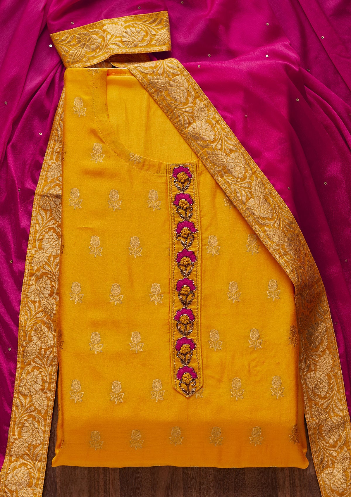 Yellow Zariwork Raw Silk Designer Semi-Stitched Salwar Suit - Koskii