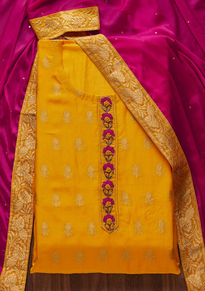 Yellow Zariwork Raw Silk Designer Semi-Stitched Salwar Suit - Koskii