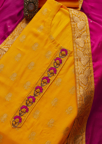 Yellow Zariwork Raw Silk Designer Semi-Stitched Salwar Suit - Koskii