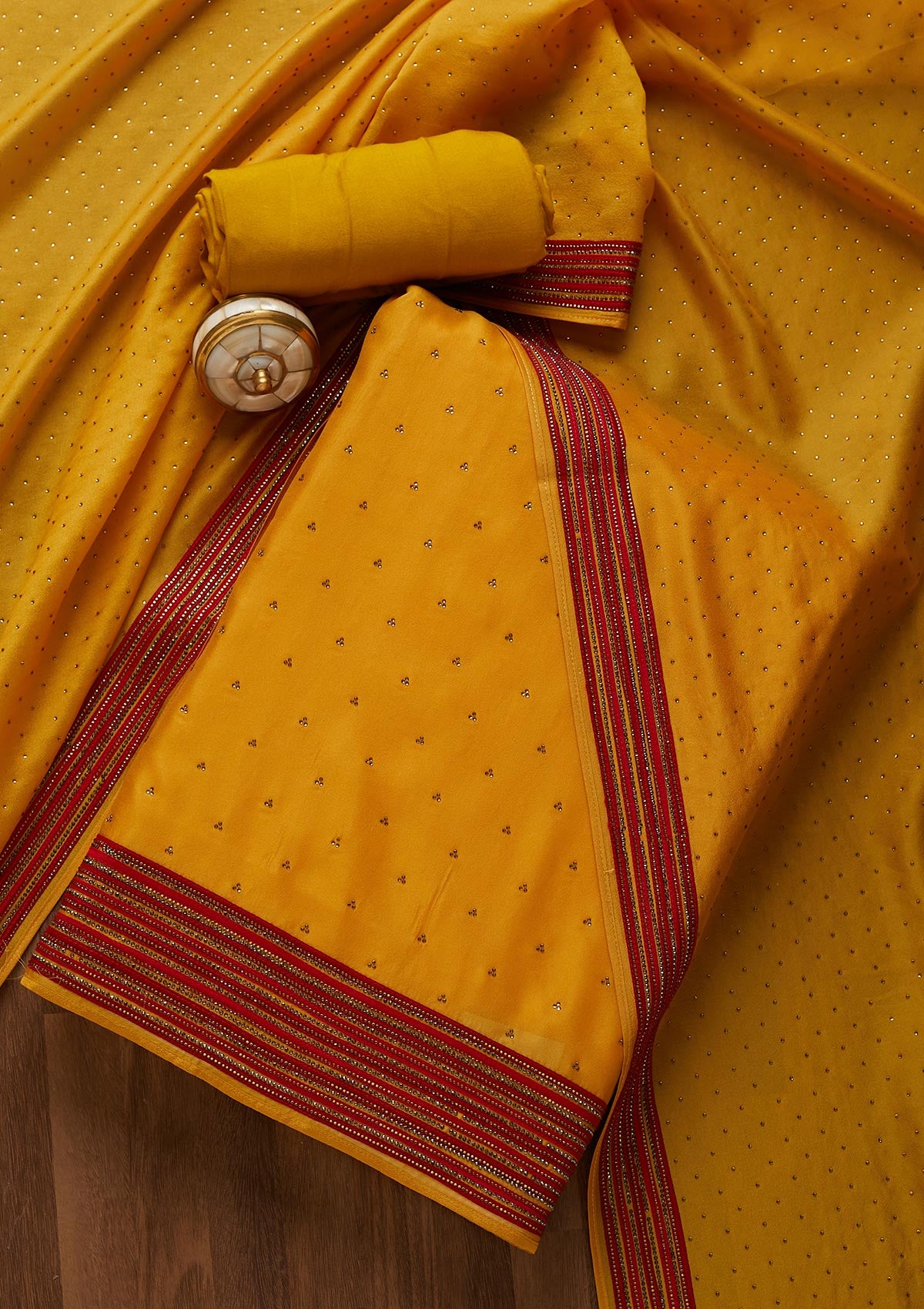 Yellow Zariwork Raw Silk Unstitched Salwar Suit - Koskii