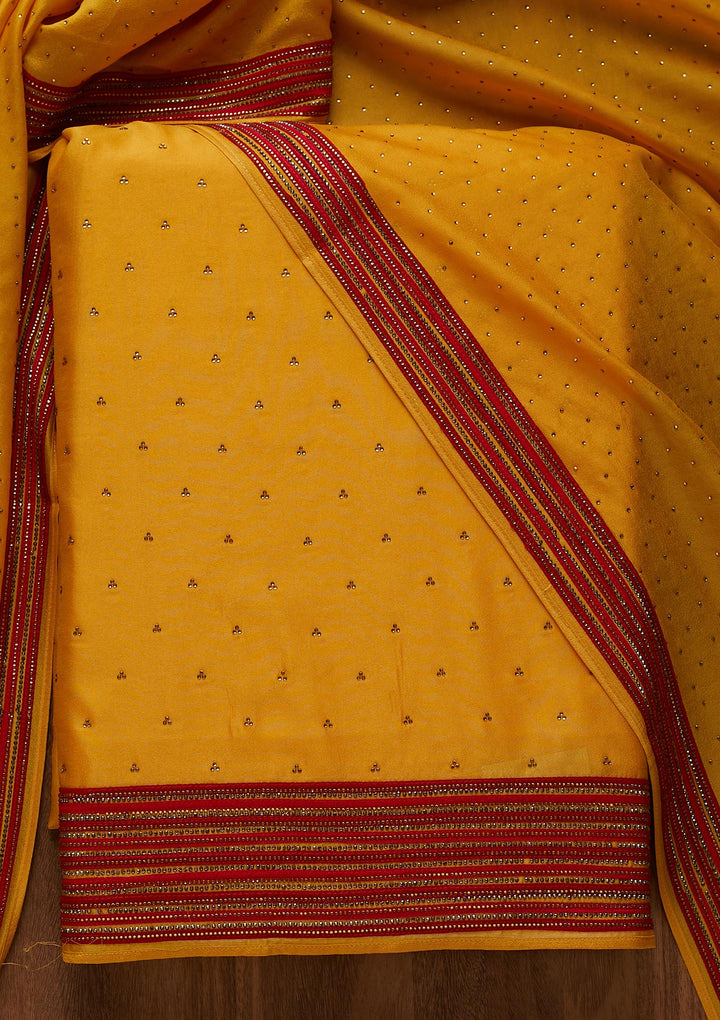Yellow Zariwork Raw Silk Unstitched Salwar Suit-Koskii