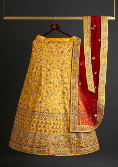 Yellow Zariwork Satin Designer Semi-Stitched Lehenga - koskii