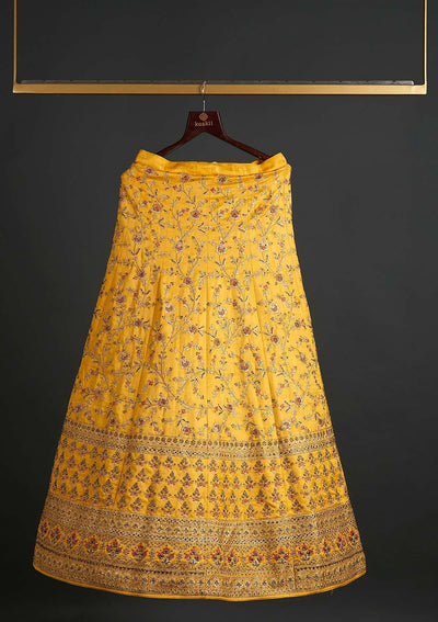 Yellow Zariwork Satin Designer Semi-Stitched Lehenga - koskii