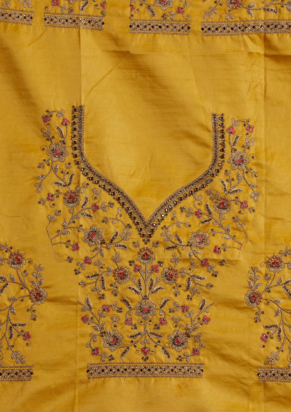 Yellow Zariwork Satin Designer Semi-Stitched Lehenga - koskii