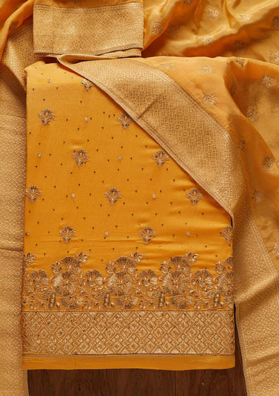 Yellow Zariwork Semi Crepe Designer Unstitched Salwar Suit - koskii