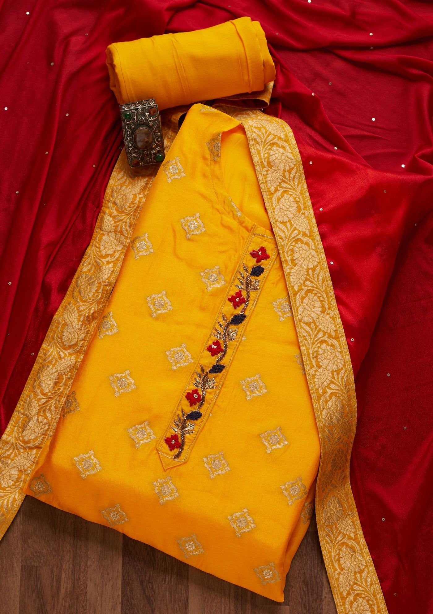Yellow Zariwork Semi Crepe Unstitched Salwar Suit- Koskii