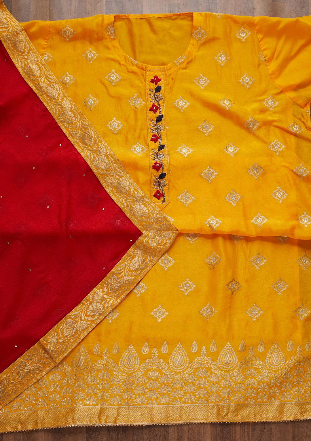 Yellow Zariwork Semi Crepe Unstitched Salwar Suit - Koskii