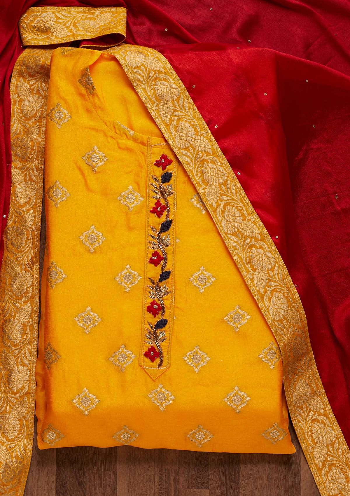 Yellow Zariwork Semi Crepe Unstitched Salwar Suit - Koskii