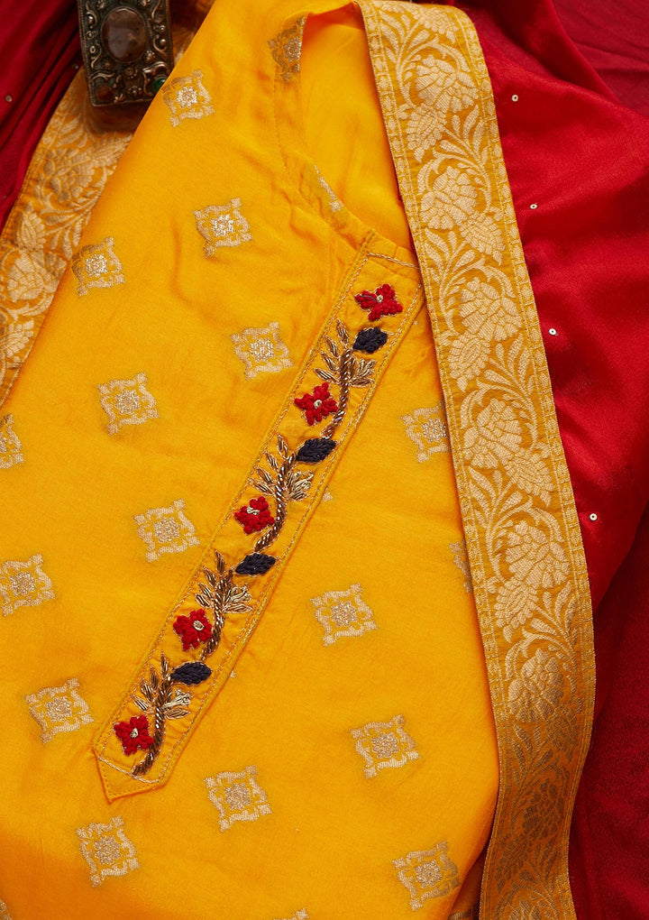 Yellow Zariwork Semi Crepe Unstitched Salwar Suit - Koskii