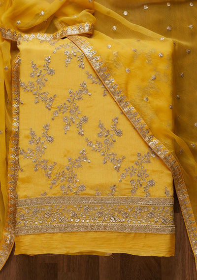Yellow Zariwork Semi Crepe Unstitched Salwar Suit-Koskii