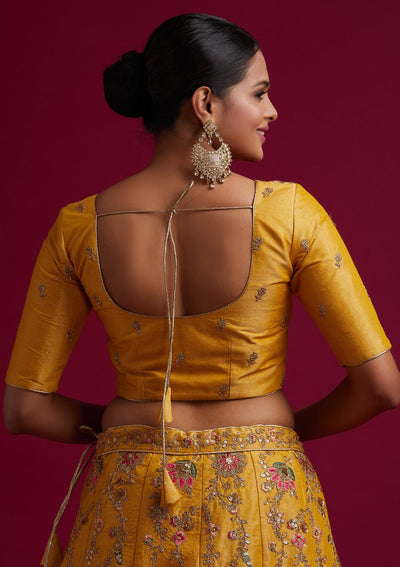 Yellow Zariwork Shimmer Designer Semi-Stitched Lehenga - koskii