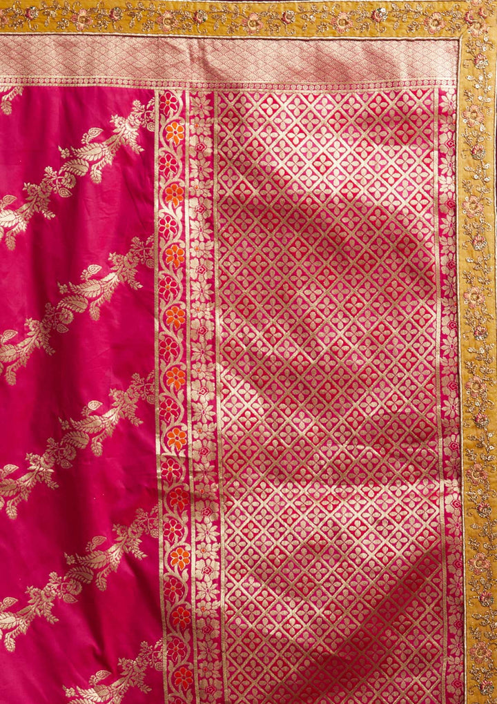 Yellow Zariwork Shimmer Designer Semi-Stitched Lehenga - koskii