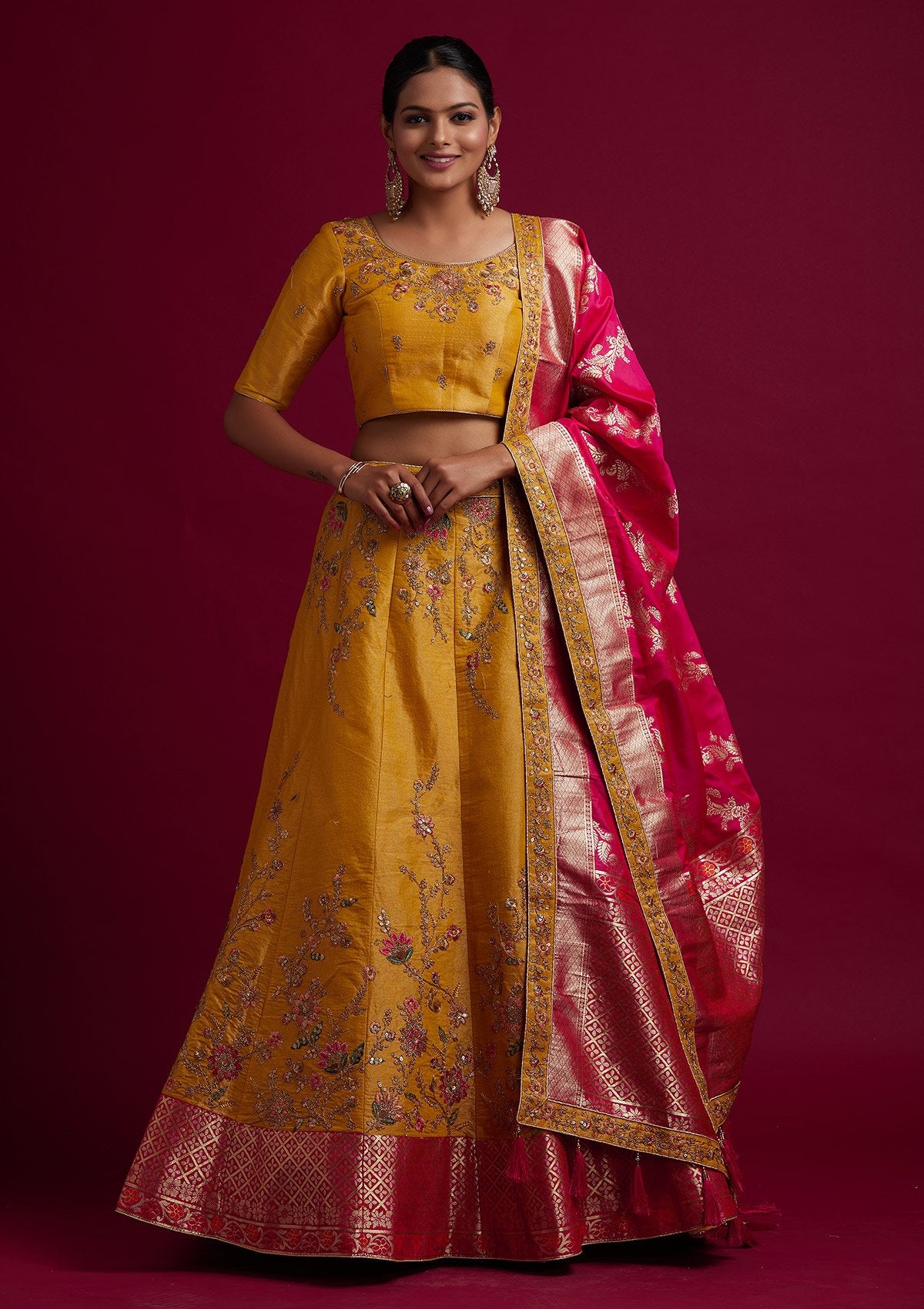 Yellow Zariwork Shimmer Designer Semi-Stitched Lehenga - koskii