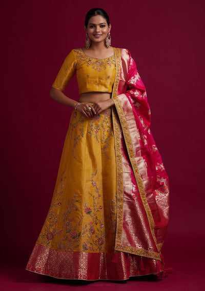 Yellow Zariwork Shimmer Designer Semi-Stitched Lehenga - koskii