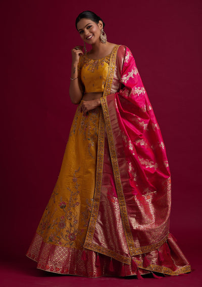 Yellow Zariwork Shimmer Designer Semi-Stitched Lehenga - koskii