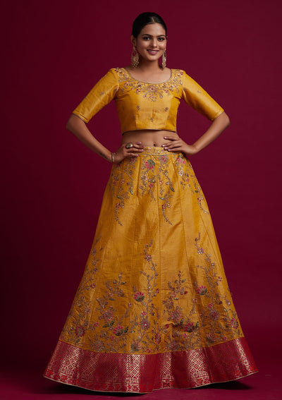 Yellow Zariwork Shimmer Designer Semi-Stitched Lehenga - koskii