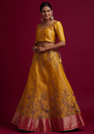 Yellow Zariwork Shimmer Designer Semi-Stitched Lehenga - koskii