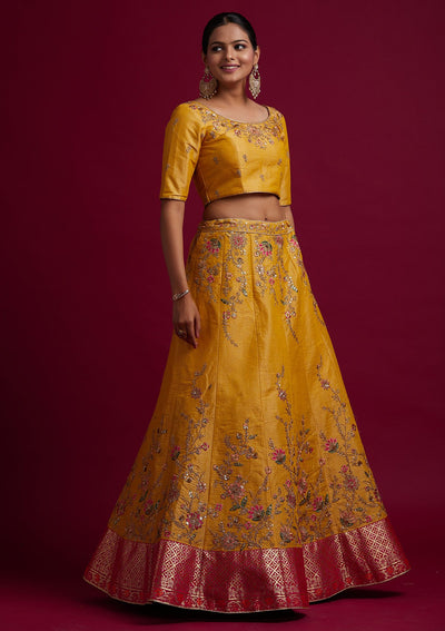 Yellow Zariwork Shimmer Designer Semi-Stitched Lehenga - koskii
