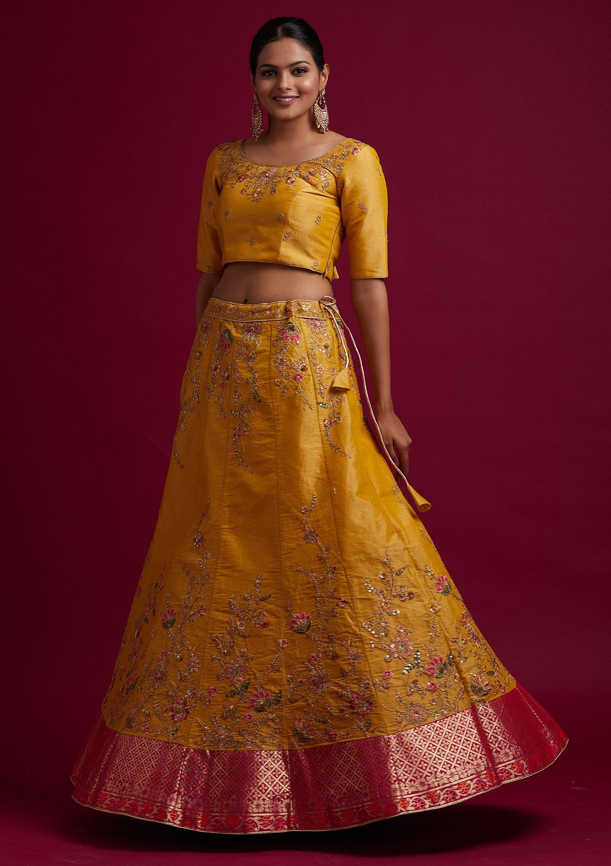Yellow Zariwork Shimmer Designer Semi-Stitched Lehenga - koskii