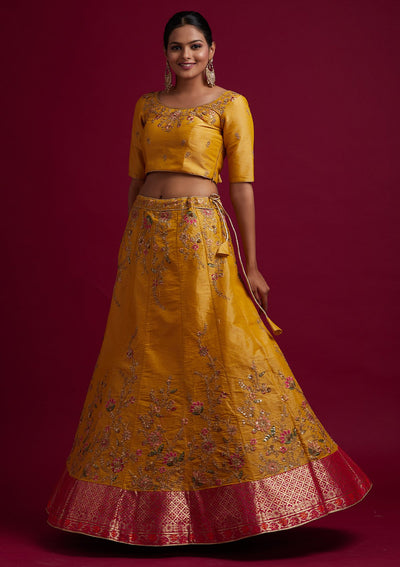 Yellow Zariwork Shimmer Designer Semi-Stitched Lehenga - koskii