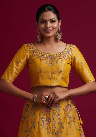 Yellow Zariwork Shimmer Designer Semi-Stitched Lehenga - koskii