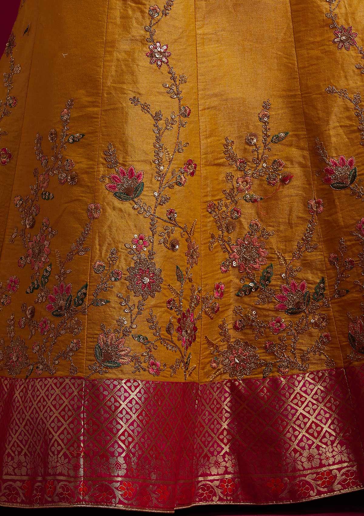Yellow Zariwork Shimmer Designer Semi-Stitched Lehenga - koskii