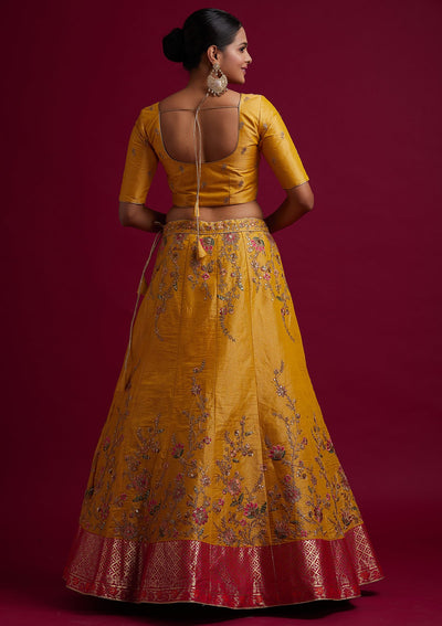 Yellow Zariwork Shimmer Designer Semi-Stitched Lehenga - koskii