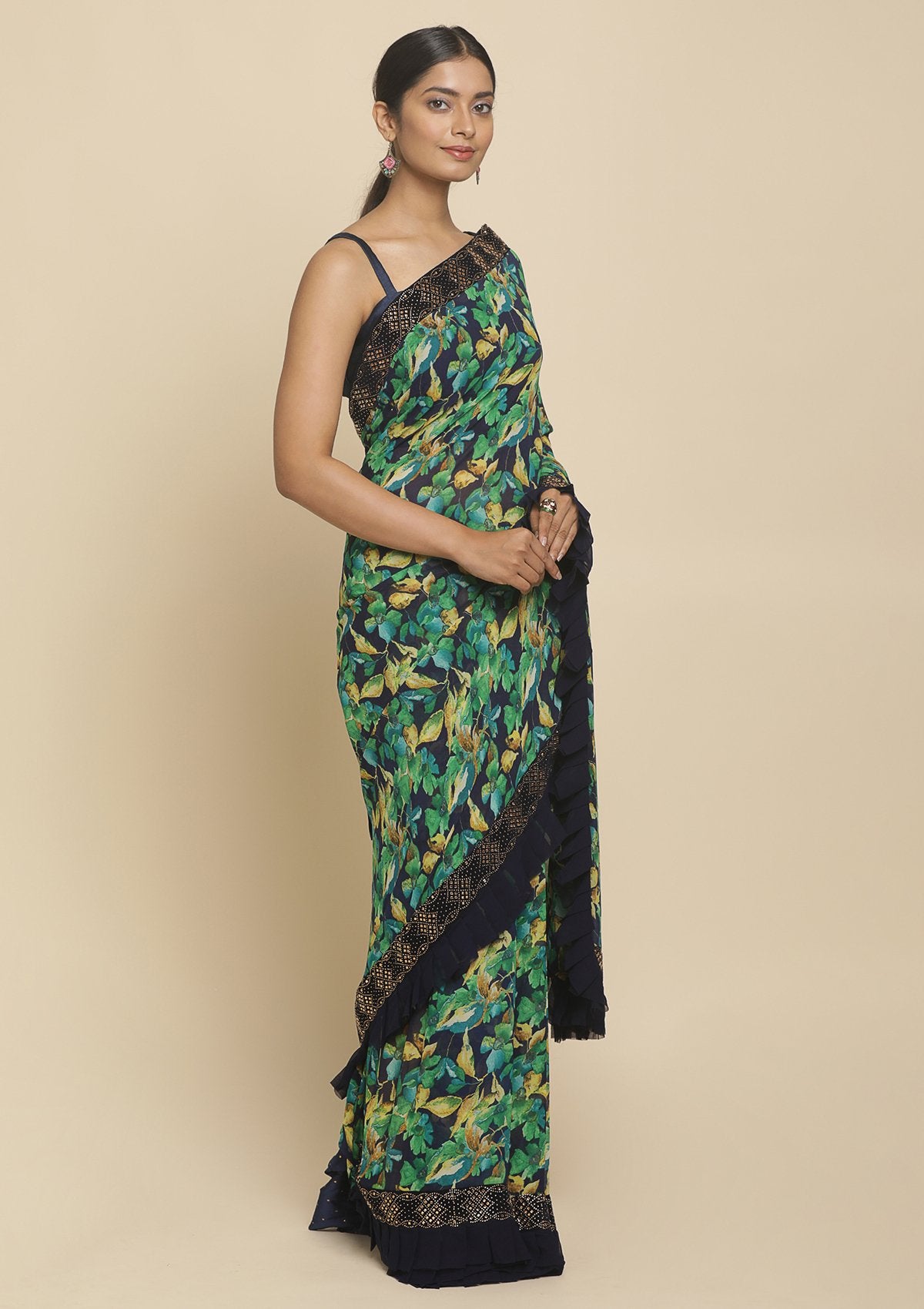 Leaf Green Swarovski  Georgette Designer Saree - koskii