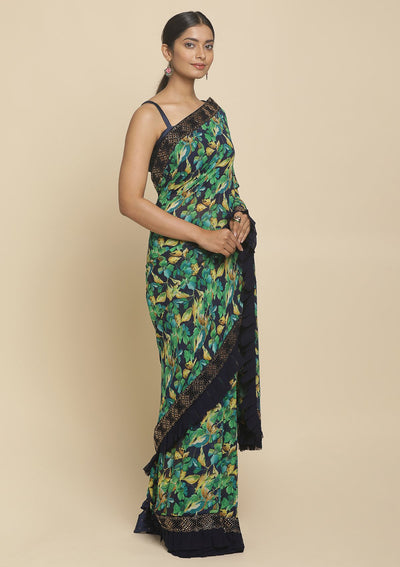 Leaf Green Swarovski  Georgette Designer Saree - koskii