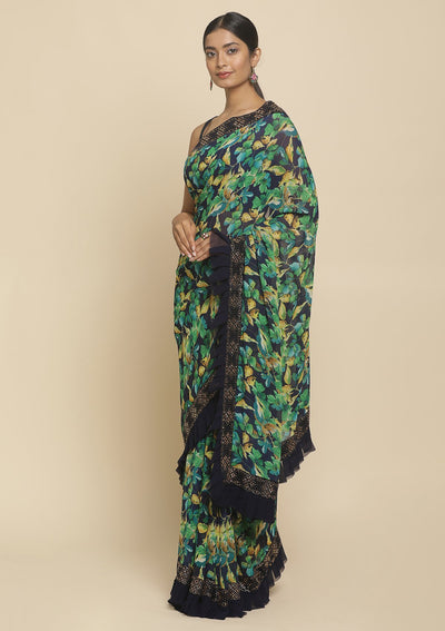 Leaf Green Swarovski  Georgette Designer Saree - koskii