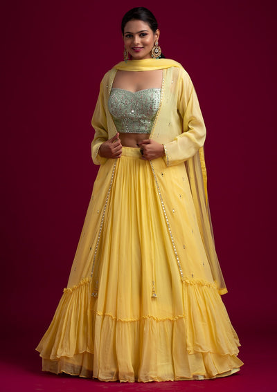 Lemon Yellow Mirrorwork Georgette Designer Lehenga - koskii
