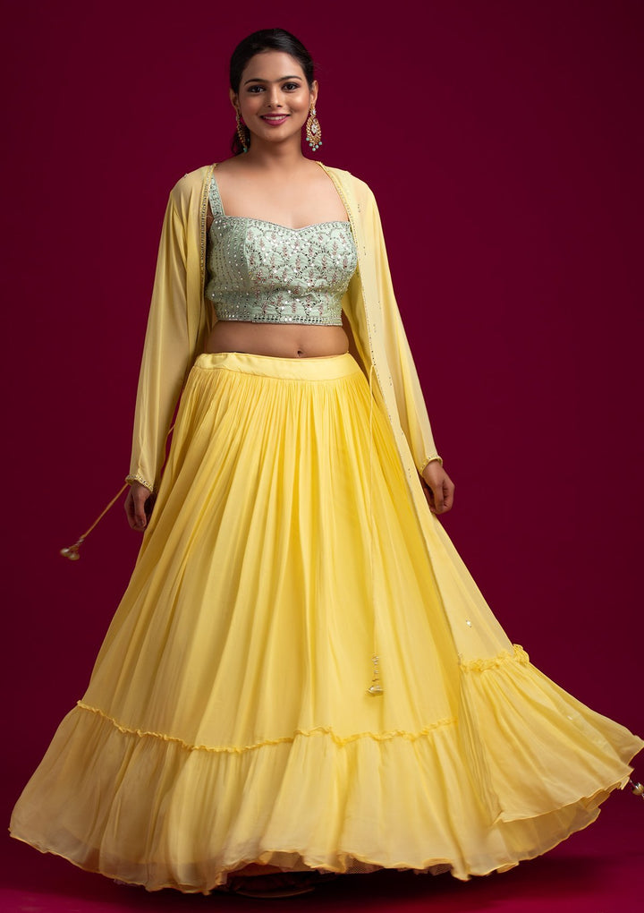 Lemon Yellow Mirrorwork Georgette Designer Lehenga - koskii