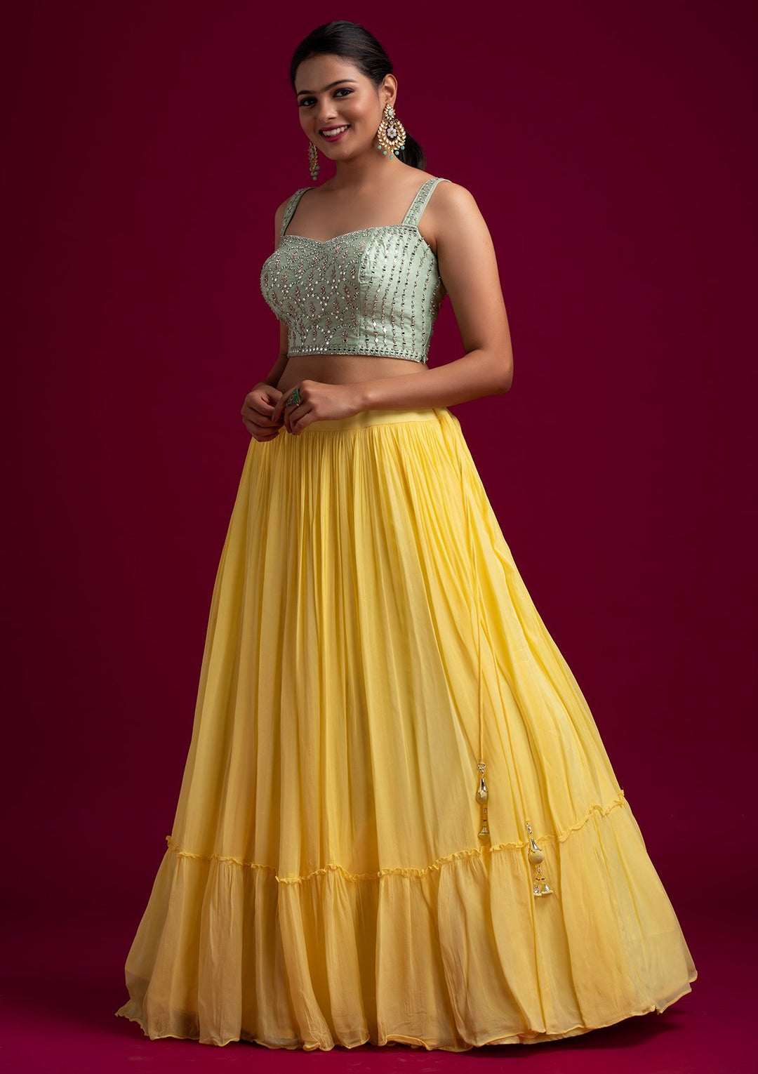 Lemon Yellow Mirrorwork Georgette Designer Lehenga - koskii