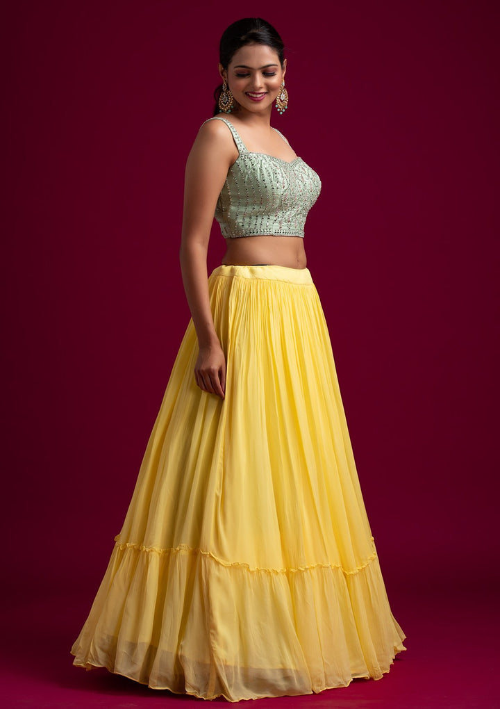 Lemon Yellow Mirrorwork Georgette Designer Lehenga - koskii