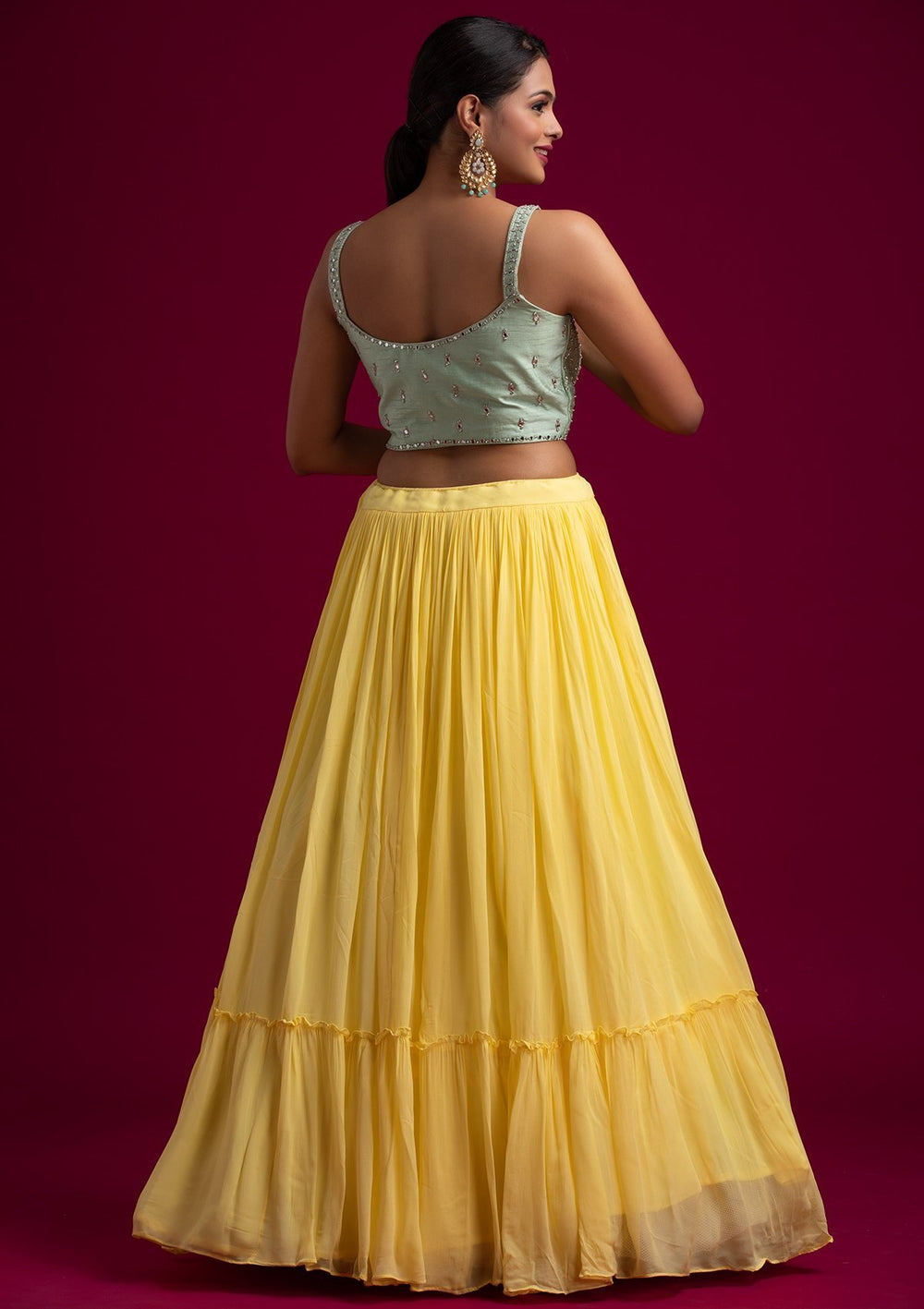 Lemon Yellow Mirrorwork Georgette Designer Lehenga - koskii