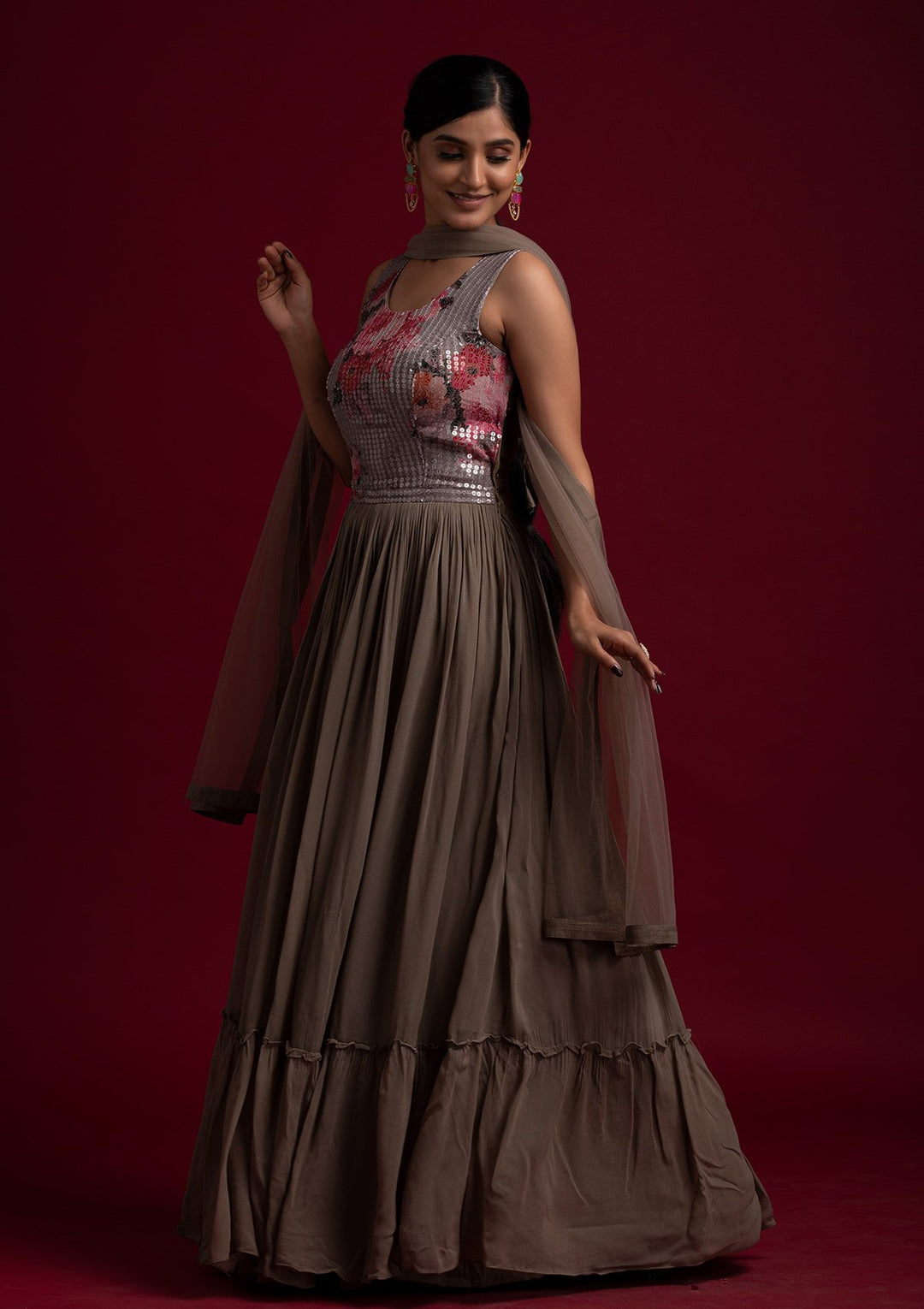 Light Brown Sequins Georgette Designer Gown - koskii