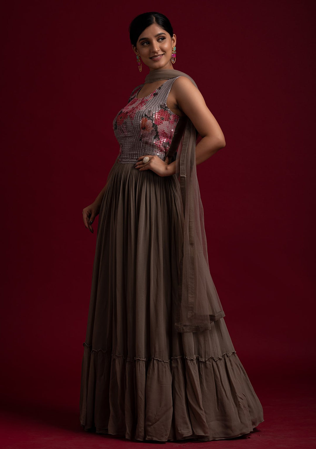 Light Brown Sequins Georgette Designer Gown - koskii