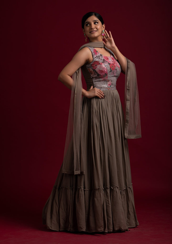 Light Brown Sequins Georgette Designer Gown - koskii