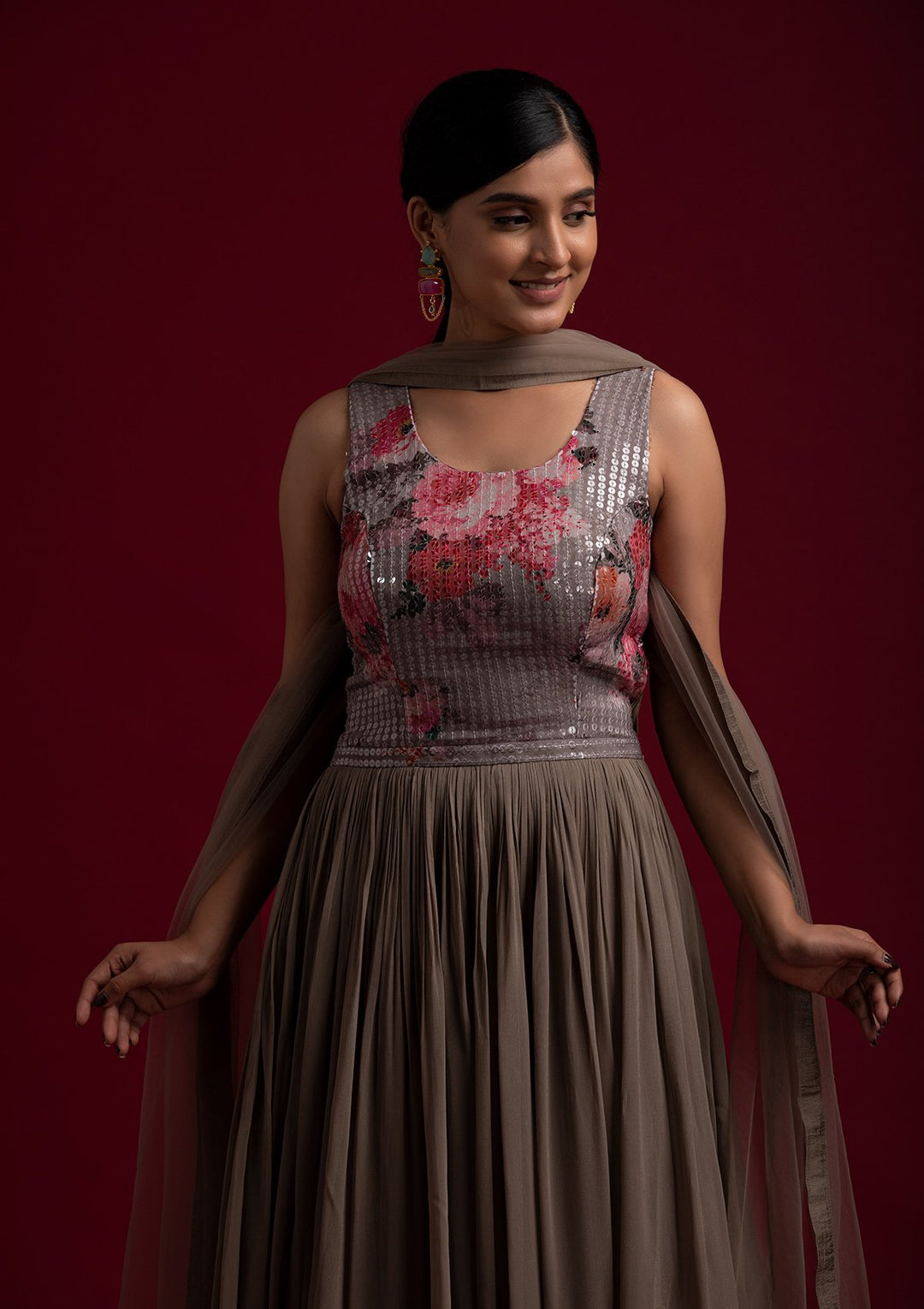 Light Brown Sequins Georgette Designer Gown - koskii