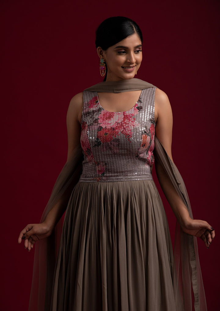 Light Brown Sequins Georgette Designer Gown - koskii