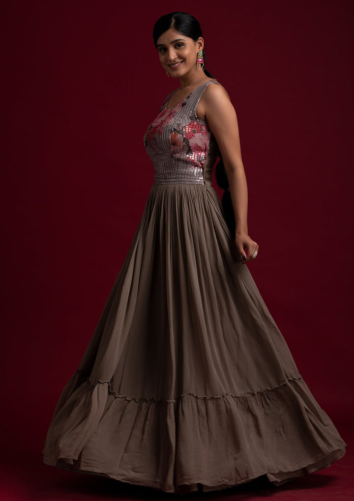 Light Brown Sequins Georgette Designer Gown - koskii