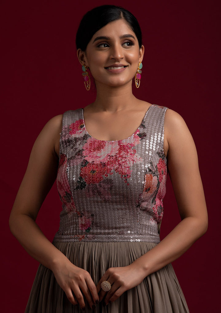 Light Brown Sequins Georgette Designer Gown - koskii